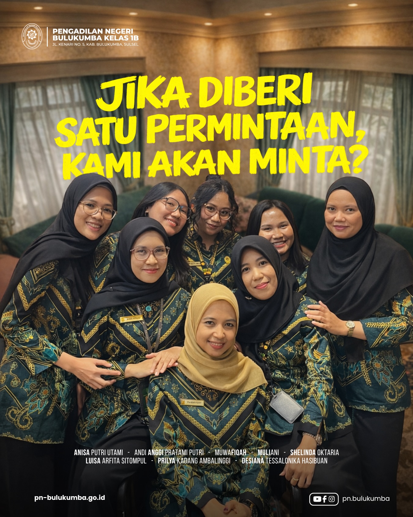 Jika dikasih satu permintaan, kita akan minta apa?

Kalau dari kami di Pengadilan Negeri Bulukumba, tentu kami berharap…
✨ Semua masyarakat mendapatkan pelayanan peradilan yang adil, transparan, dan berintegritas ✨

Karena dengan peradilan yang bersih dan terpercaya, kita bisa mewujudkan kepastian hukum, meningkatkan kepercayaan publik, serta menghadirkan keadilan bagi semua.

Nah, kalau kamu dikasih satu permintaan terkait pelayanan pengadilan…
kamu bakal minta apa? 👇

Tulis di kolom komentar ya!

====================
📲 Ikuti informasi dan kegiatan terbaru Pengadilan Negeri Bulukumba melalui kanal resmi kami:
📸 Instagram & TikTok: @pn.bulukumba
📘 Facebook & YouTube: Pengadilan Negeri Bulukumba
🌐 Website: https://pn-bulukumba.go.id

#PNBulukumba
#ZonaIntegritas
#WBK
#WBBM