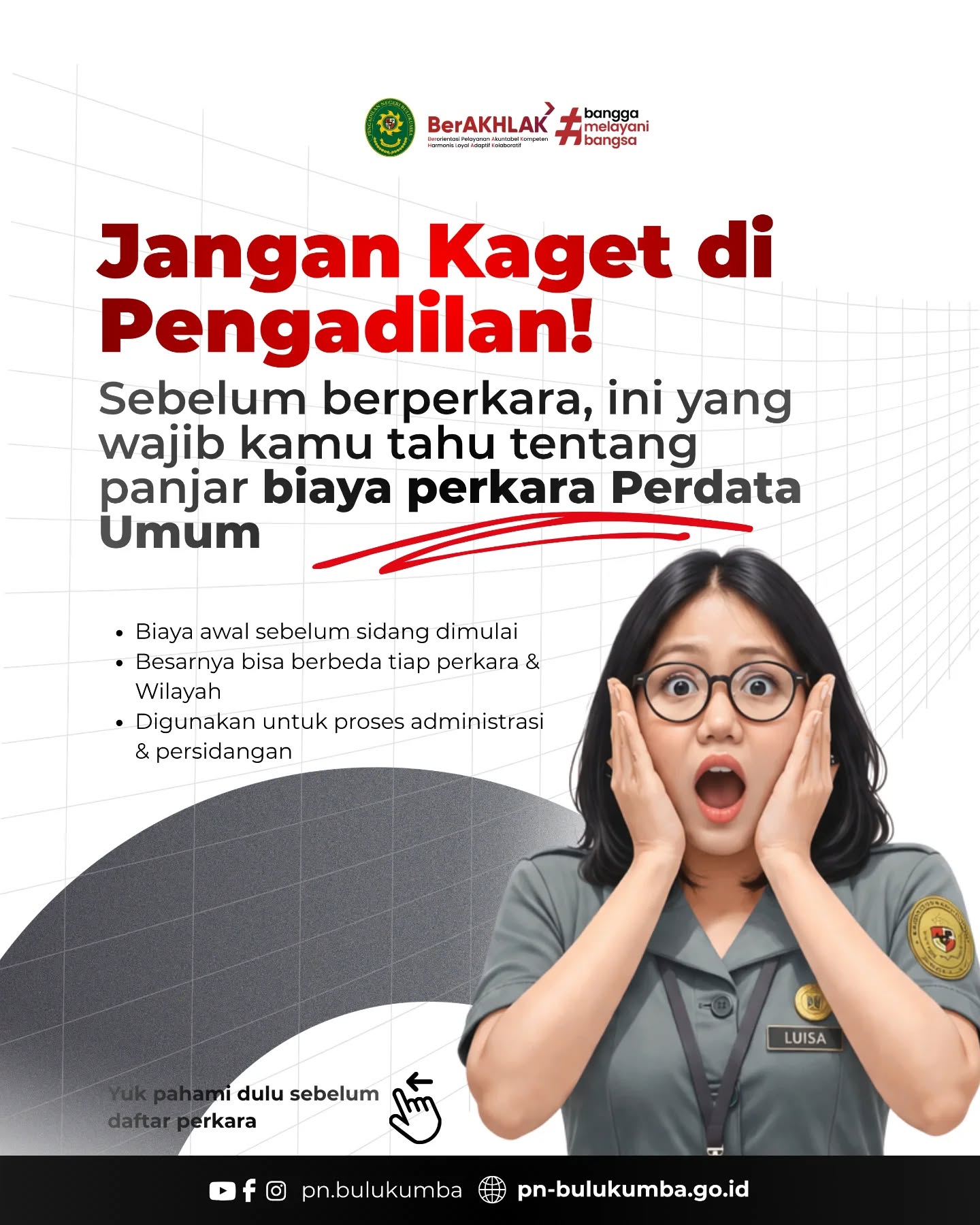 📢 Jangan Kaget di Pengadilan!

Sebelum berperkara, penting untuk memahami panjar biaya perkara perdata agar proses berjalan lancar dan transparan.

🔹 Panjar biaya perkara merupakan biaya awal yang dibayarkan sebelum sidang dimulai.
🔹 Besarannya dapat berbeda tergantung jenis perkara dan wilayah.
🔹 Digunakan untuk mendukung proses administrasi dan persidangan.

Dengan memahami hal ini, masyarakat dapat lebih siap dan tidak mengalami kendala dalam proses berperkara di pengadilan.

Yuk, pahami terlebih dahulu sebelum mendaftarkan perkara!

====================
📲 Ikuti informasi dan kegiatan terbaru Pengadilan Negeri Bulukumba melalui kanal resmi kami:
📸 Instagram & TikTok: @pn.bulukumba
📘 Facebook & YouTube: Pengadilan Negeri Bulukumba
🌐 Website: https://pn-bulukumba.go.id

#PNBulukumba
#EdukasiHukum
#PerkaraPerdata
#PelayananPublik
#PengadilanNegeriBulukumba
BerAKHLAK
BanggaMelayaniBangsa