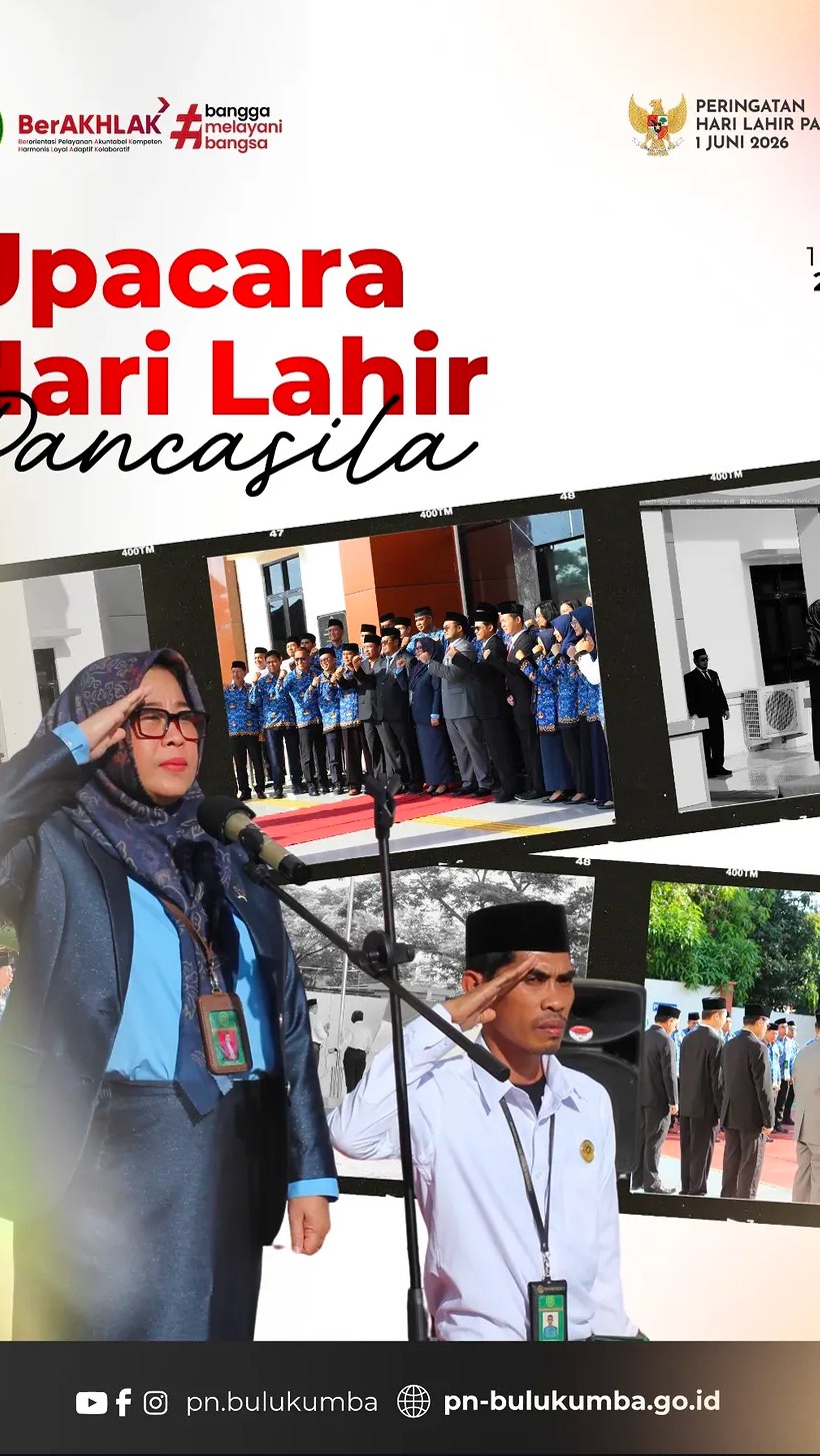 🇮🇩 Upacara Peringatan Hari Lahir Pancasila Tahun 2026 🇮🇩
Senin, 1 Juni 2026, Pengadilan Negeri Bulukumba melaksanakan Upacara Peringatan Hari Lahir Pancasila yang berlangsung di halaman kantor Pengadilan Negeri Bulukumba.
Upacara dipimpin langsung oleh Ketua Pengadilan Negeri Bulukumba, YM Ibu Ernawaty, S.H., M.H., selaku Inspektur Upacara, dan diikuti oleh seluruh hakim, pejabat struktural dan fungsional, ASN, PPNPN, serta tenaga pendukung Pengadilan Negeri Bulukumba.
Peringatan Hari Lahir Pancasila merupakan momentum penting untuk mengenang lahirnya dasar negara sekaligus memperkuat komitmen dalam mengamalkan nilai-nilai Pancasila dalam kehidupan berbangsa, bernegara, dan pelaksanaan tugas sebagai aparatur peradilan. Dalam pelaksanaan upacara, seluruh peserta mengikuti rangkaian kegiatan dengan khidmat sebagai bentuk penghormatan terhadap ideologi bangsa yang menjadi pemersatu Negara Kesatuan Republik Indonesia.
Melalui peringatan Hari Lahir Pancasila Tahun 2026 ini, keluarga besar Pengadilan Negeri Bulukumba berkomitmen untuk terus menjaga integritas, profesionalisme, serta memberikan pelayanan terbaik kepada masyarakat sesuai dengan nilai-nilai luhur Pancasila.
====================
📲 Ikuti informasi dan kegiatan terbaru Pengadilan Negeri Bulukumba melalui kanal resmi kami:
📸 Instagram & TikTok: @pn.bulukumba
📘 Facebook & YouTube: Pengadilan Negeri Bulukumba
🌐 Website: pn-bulukumba.go.id
#HariLahirPancasila2026
#Pancasila
#PNBulukumba