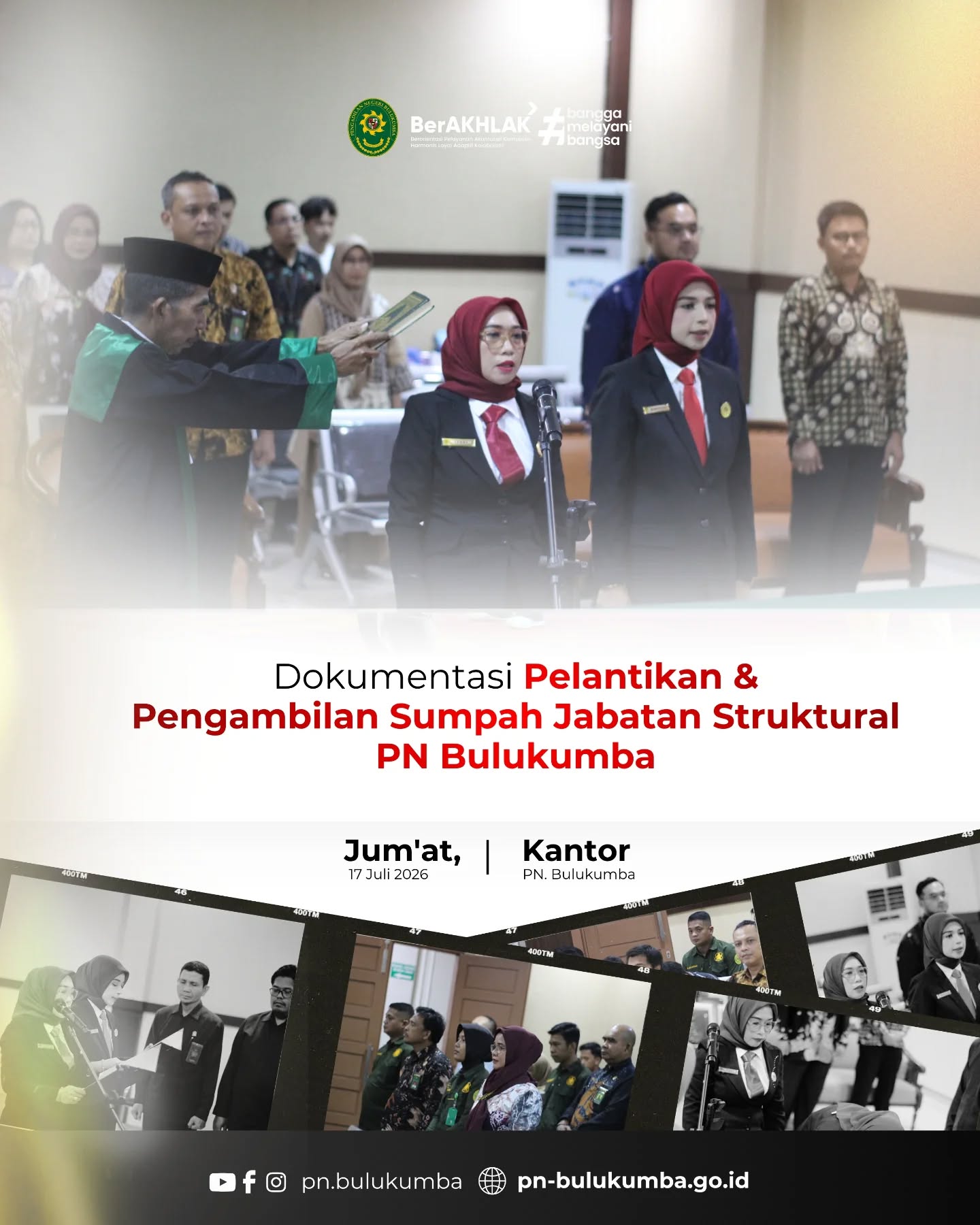 PELANTIKAN DAN PENGAMBILAN SUMPAH JABATAN PEJABAT STRUKTURAL PENGADILAN NEGERI BULUKUMBA
Jumat, 17 Juli 2026
Pengadilan Negeri Bulukumba melaksanakan kegiatan Pelantikan dan Pengambilan Sumpah Jabatan Pejabat Struktural yang dipimpin langsung oleh Ketua Pengadilan Negeri Bulukumba, Ibu Ernawaty, S.H., M.H. Dalam kegiatan tersebut, Ibu Lenny, S.H. resmi dilantik dan diambil sumpah jabatannya sebagai Kepala Sub Bagian Kepegawaian, Organisasi, dan Tata Laksana, serta Ibu Muwafiqah, S.H. sebagai Kepala Sub Bagian Perencanaan, Teknologi Informasi, dan Pelaporan.
Prosesi pelantikan dan pengambilan sumpah berlangsung dengan khidmat serta dihadiri oleh Wakil Ketua, para Hakim, Panitera, Sekretaris, pejabat struktural dan fungsional, serta seluruh aparatur Pengadilan Negeri Bulukumba sebagai bentuk dukungan dan kebersamaan dalam mengemban amanah organisasi.
Melalui pelantikan ini diharapkan pejabat yang baru dilantik dapat menjalankan amanah dengan penuh integritas, profesionalisme, dan tanggung jawab, serta terus berkontribusi dalam meningkatkan kualitas tata kelola organisasi dan pelayanan kepada masyarakat demi terwujudnya badan peradilan yang agung.
"Selamat mengemban amanah. Semoga senantiasa diberikan kekuatan, kebijaksanaan, dan kemudahan dalam menjalankan tugas serta memberikan pengabdian terbaik bagi institusi dan masyarakat."
====================
Media Sosial Pengadilan Negeri Bulukumba
📱 Instagram & TikTok : @pn.bulukumba
📘 Facebook : Pengadilan Negeri Bulukumba
▶️ YouTube : Pengadilan Negeri Bulukumba
🌐 Website : https://pn-bulukumba.go.id