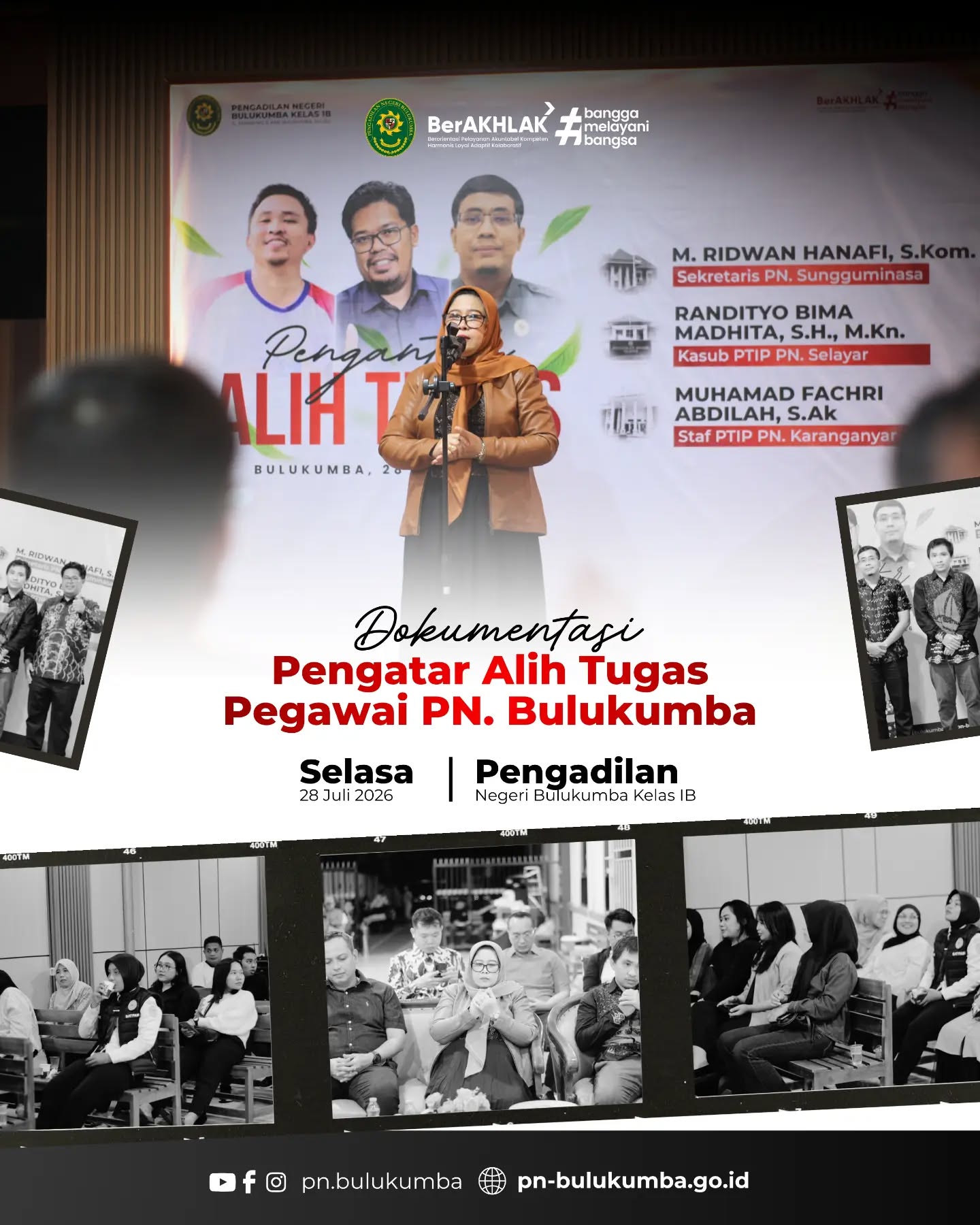 PENGANTAR ALIH TUGAS PEGAWAI PENGADILAN NEGERI BULUKUMBA
📍 Bulukumba, 28 Juli 2026
Keluarga Besar Pengadilan Negeri Bulukumba menyelenggarakan acara Pengantar Alih Tugas bagi tiga orang pegawai berprestasi yang mendapatkan amanah baru melalui promosi dan mutasi. Acara yang berlangsung penuh khidmat dan kehangatan ini merupakan bentuk penghormatan dan pelepasan resmi dari institusi atas pengabdian yang telah diberikan.
Adapun pegawai yang melaksanakan alih tugas adalah:
Bapak M. Ridwan Hanafi, S.Kom., beralih tugas dan promosi menjadi Sekretaris pada Pengadilan Negeri Sungguminasa.
Bapak Randityo Bima Madhita, S.H., M.Kn., beralih tugas dan promosi menjadi Kepala Sub Bagian Perencanaan, Teknologi Informasi, dan Pelaporan (PTIP) pada Pengadilan Negeri Selayar.
Bapak Muhamad Fachri Abdilah, S.Ak., beralih tugas menjadi Staf Perencanaan, Teknologi Informasi, dan Pelaporan (PTIP) pada Pengadilan Negeri Karanganyar.
Dalam sambutannya, Ketua Pengadilan Negeri Bulukumba menyampaikan apresiasi dan penghargaan yang setinggi-tingginya atas dedikasi, kedisiplinan, serta kontribusi luar biasa yang telah diberikan oleh ketiga pegawai selama mengabdi di Pengadilan Negeri Bulukumba. Beliau menegaskan bahwa mutasi dan promosi adalah bagian dari penyegaran dan pembinaan karir yang patut disyukuri dan dijalankan dengan penuh amanah.
Lebih lanjut, Ketua Pengadilan Negeri Bulukumba menitipkan pesan dan harapan mendalam bagi para pegawai yang berpindah tugas. Beliau berharap agar di tempat tugas yang baru, ketiganya senantiasa menjaga integritas, profesionalisme, serta memegang teguh core values ASN BerAKHLAK. "Jadikanlah mutasi dan promosi ini sebagai pijakan untuk terus berinovasi, memberikan pelayanan prima bagi masyarakat pencari keadilan, dan selalu menjaga nama baik institusi di mana pun Saudara ditempatkan. Selamat bertugas di tempat yang baru, semoga sukses senantiasa menyertai," tutup beliau.
📲 Ikuti media sosial resmi Pengadilan Negeri Bulukumba:
🌐 Website: pn-bulukumba.go.id
📘 Facebook: Pengadilan Negeri Bulukumba
📸 Instagram: @pn.bulukumba
▶️ YouTube: Pengadilan Negeri Bulukumba
#PNBulukumba #PengantarAlihTugas #MutasiPegawai #PromosiJabatan