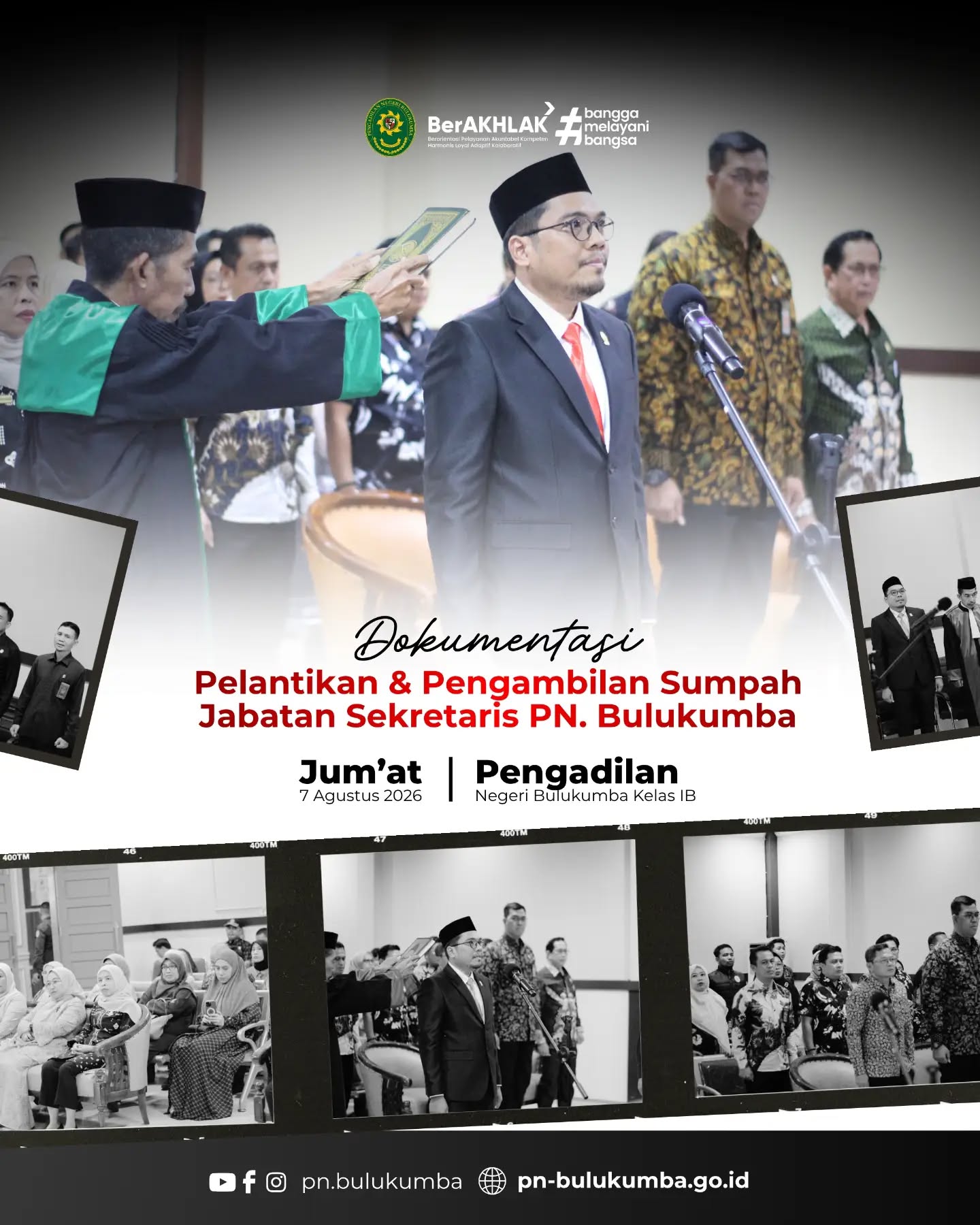 Pelantikan dan Pengambilan Sumpah Jabatan Sekretaris Pengadilan Negeri Bulukumba

Bulukumba, 7 Agustus 2026 — Pengadilan Negeri Bulukumba melaksanakan kegiatan Pelantikan dan Pengambilan Sumpah Jabatan Sekretaris Pengadilan Negeri Bulukumba atas nama Bapak Ichsan Arnan, S.Kom., M.H. Prosesi pelantikan dipimpin oleh Wakil Ketua Pengadilan Negeri Bulukumba, Bapak Henu Sistha Aditya, S.H., M.H., berlangsung dengan khidmat dan penuh makna.

Acara tersebut dihadiri oleh para Hakim dan seluruh aparatur Pengadilan Negeri Bulukumba, keluarga pejabat yang dilantik, perwakilan dari Pengadilan Negeri Sungguminasa, aparatur dari berbagai satuan kerja di lingkungan peradilan, serta para kerabat dan tamu undangan yang turut memberikan doa dan dukungan.

Pelantikan ini merupakan bagian dari dinamika organisasi dalam rangka memperkuat tata kelola kelembagaan serta meningkatkan kualitas pelaksanaan tugas dan pelayanan kepada masyarakat. Dengan amanah yang telah diberikan, diharapkan Sekretaris yang baru dilantik dapat menjalankan tugas dengan penuh integritas, profesionalisme, loyalitas, serta semangat pengabdian demi mendukung terwujudnya badan peradilan yang agung.

Selamat mengemban amanah kepada Bapak Ichsan Arnan, S.Kom., M.H. Semoga senantiasa diberikan kemudahan, kekuatan, dan keberkahan dalam menjalankan setiap tugas dan tanggung jawab untuk kemajuan Pengadilan Negeri Bulukumba.

====================

🌐 Website: https://pn-bulukumba.go.id
📘 Facebook: Pengadilan Negeri Bulukumba
📸 Instagram: @pn_bulukumba
🎥 TikTok: @pn_bulukumba
▶️ YouTube: Pengadilan Negeri Bulukumba